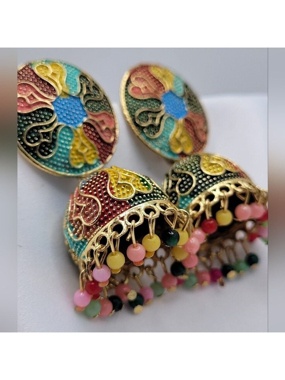 ✨2/$10✨ Gold Jhumki Earrings with Multicolor Beads Ethnic Statement Jewelry - Picture 5 of 11